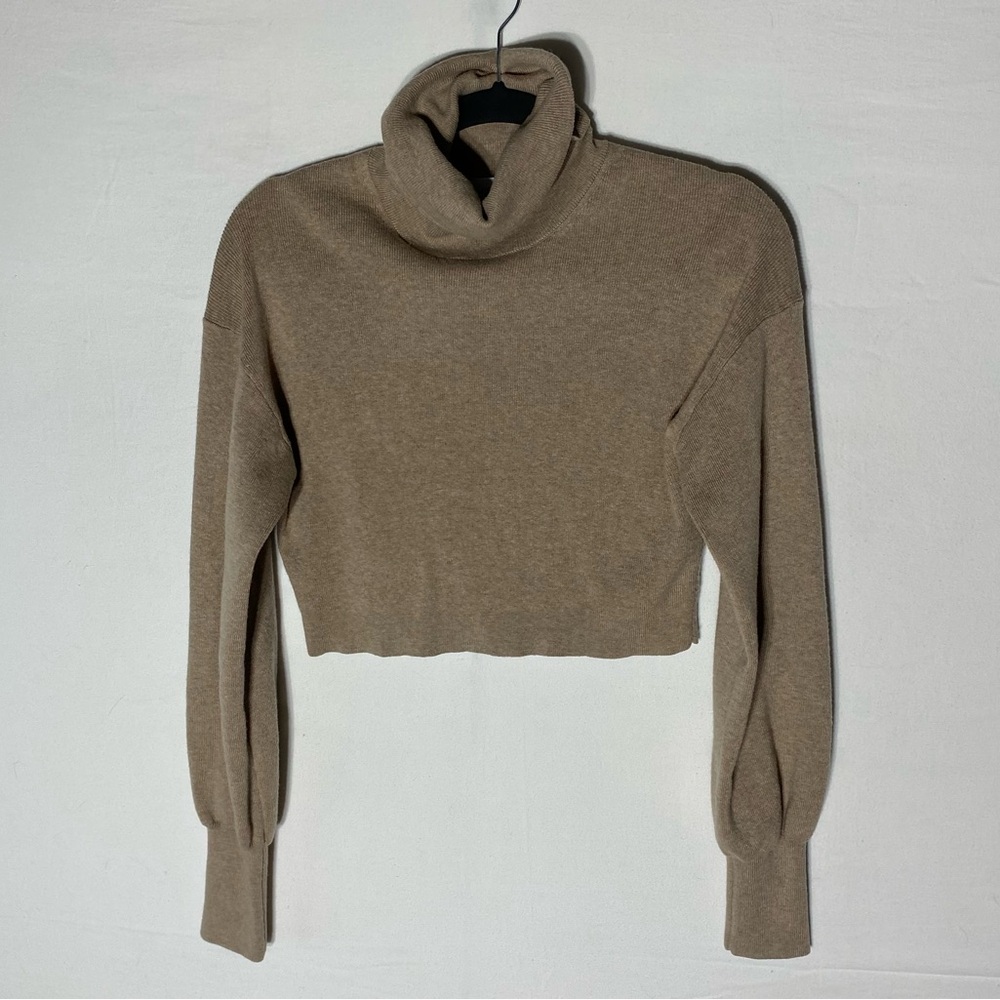 Aritzia Wilfred Tan Wool Cotton Blend Cropped Long Sleeve Turtleneck Sweater S
